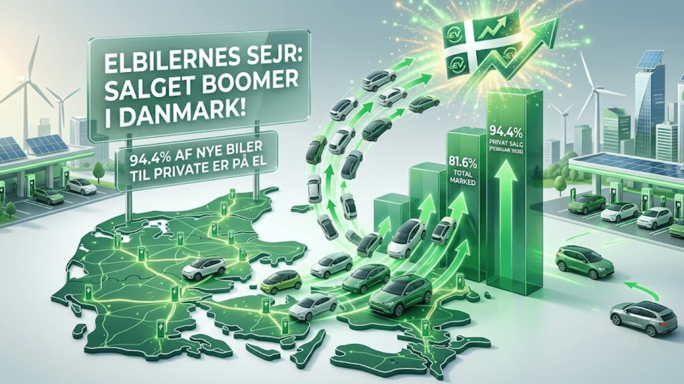 Salget af elbiler går rigtig godt i Danmark (Grafik: MereMobil.dk / AI)