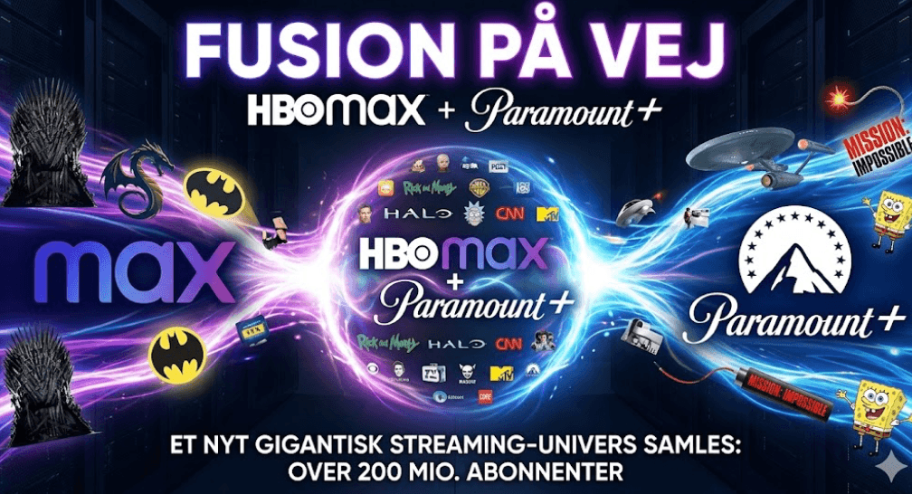 Grafik der illustrerer en fusion mellem HBO Max og Paramount+ streamingtjenesterne.