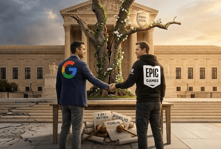 Striden mellem søgegiganten Google og spiludvikleren Epic Games er slut efter 5 års retssag (Grafik: MereMobil.dk / AI)