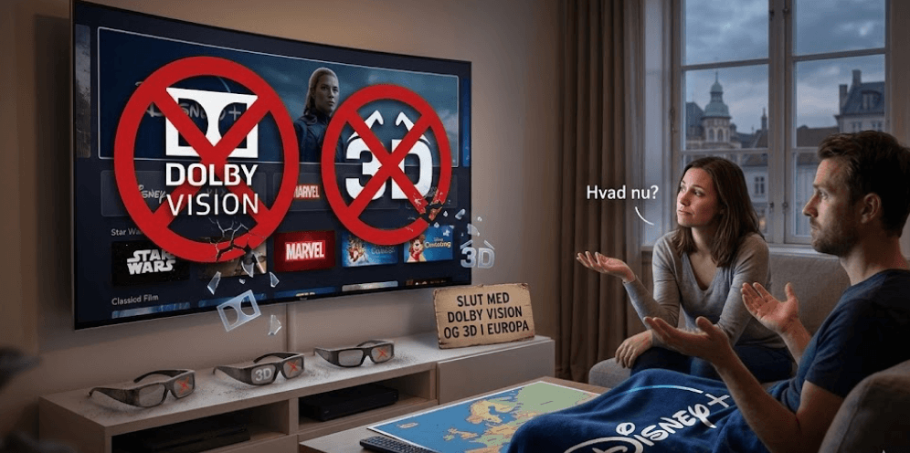 Disney+ dropper Dolby Vision og 3D i Europa (Grafik: MereMobil.dk / AI)