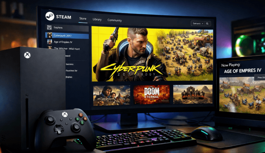 Grafik af Xbox konsol og controller med tekst om PC-spil på Xbox