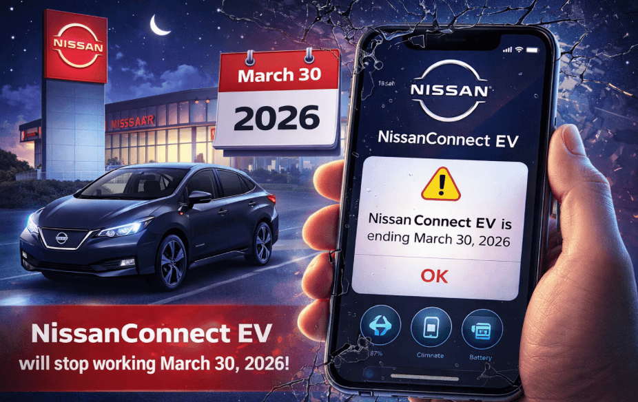 Nissans app NissanConnect EV vil stoppe med at virke den 30. marts 2026 (Grafik: MereMobil.dk / AI)