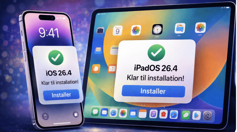 Apple er klar med iOS 26.4 og iPadOS 26.4 (Grafik: MereMobil.dk / AI)