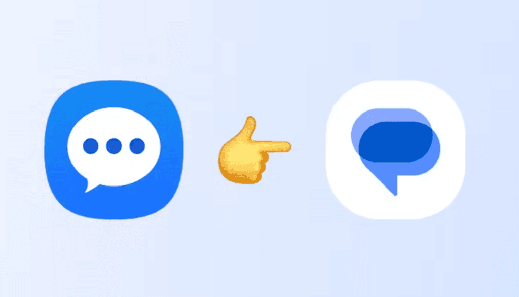 Grafik der viser skiftet fra Samsung Messages til Google Messages app ikoner.