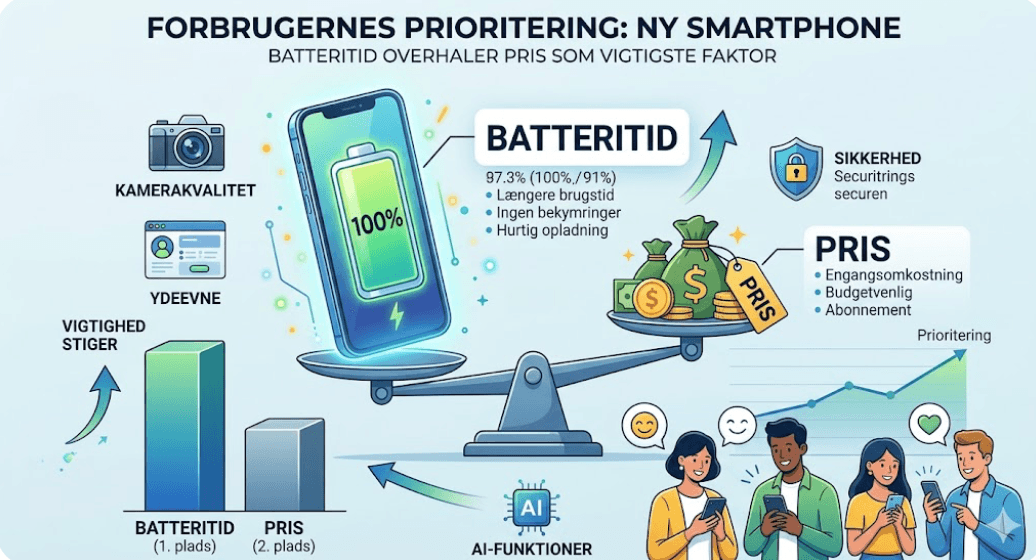 Hvad vægter højest når du køber ny smartphone? (Grafik: MereMobil.dk / AI)