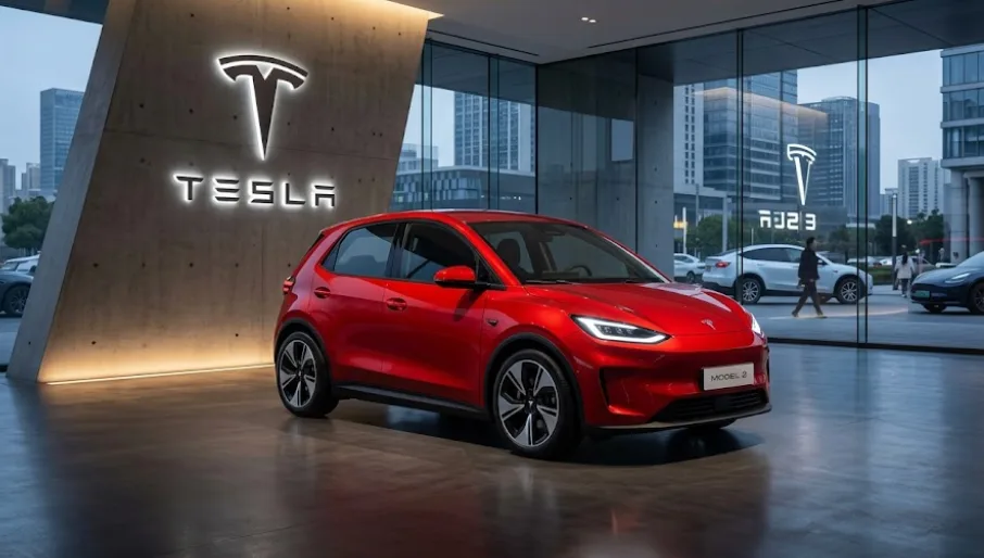 Tesla Model 2 bliver måske alligevel en realitet (Grafik: MereMobil.dk / AI)