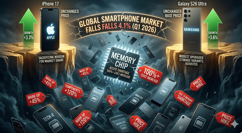Priserne stiger på smartphones - kan Apple og Samsung undgå disse prisstigninger? (Grafik: MereMobil.dk / AI)