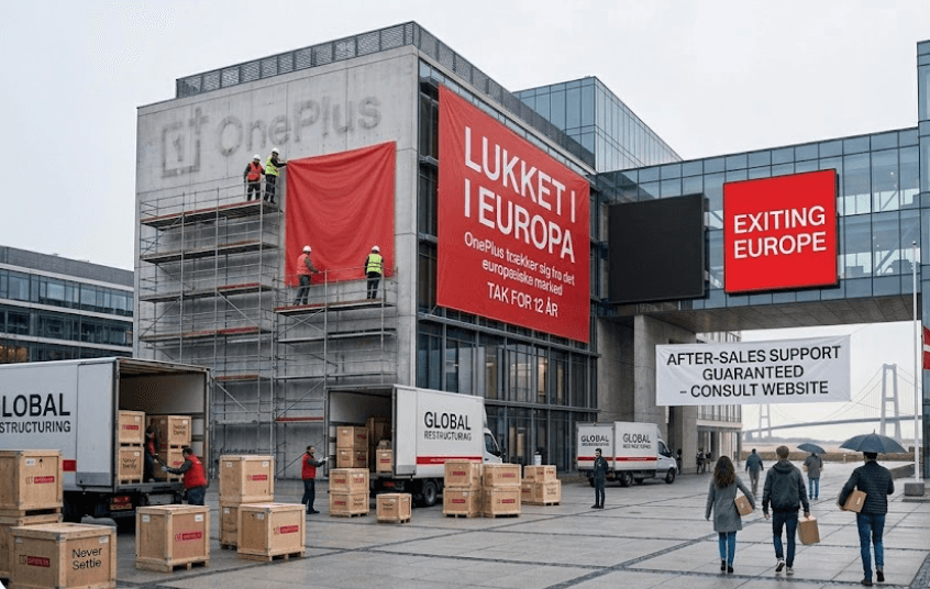 Det tyder på, at rygterne har talt sandt og OnePlus er ved at være fortid i Europa (Grafik: MereMobil.dk / AI)
