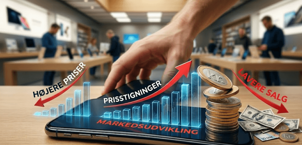 Smartphone markedet rammes af prisstigninger og dårligere salg end længe (Grafik: MereMobil.dk / AI)