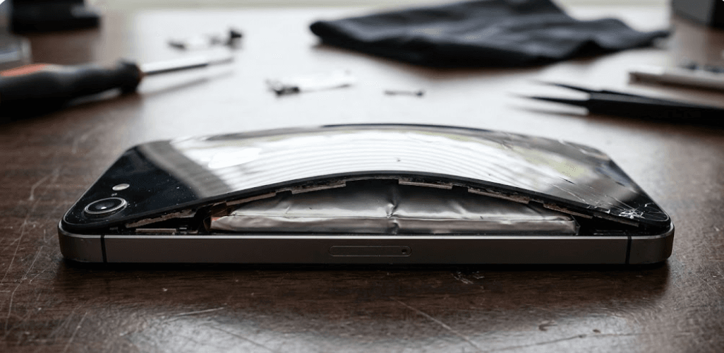 Pas på opsvulmede batterier på de gamle smartphones, som måske ligger gemt i skuffen (Grafik: MereMobil.dk / AI)