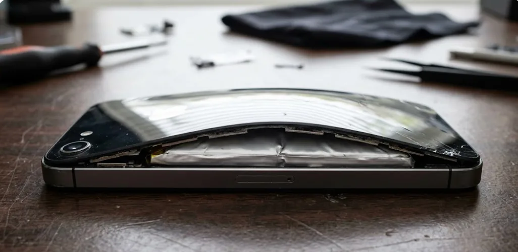 Pas på opsvulmede batterier på de gamle smartphones, som måske ligger gemt i skuffen (Grafik: MereMobil.dk / AI)