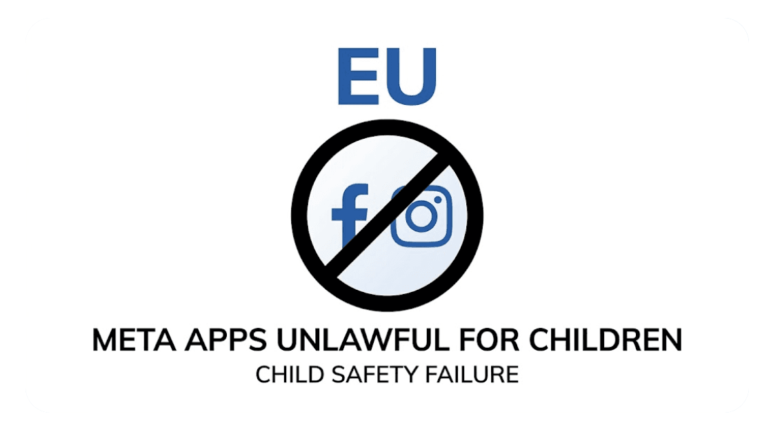 Grafik der illustrerer EU-kritik af Metas manglende børnesikkerhed på sociale medier.
