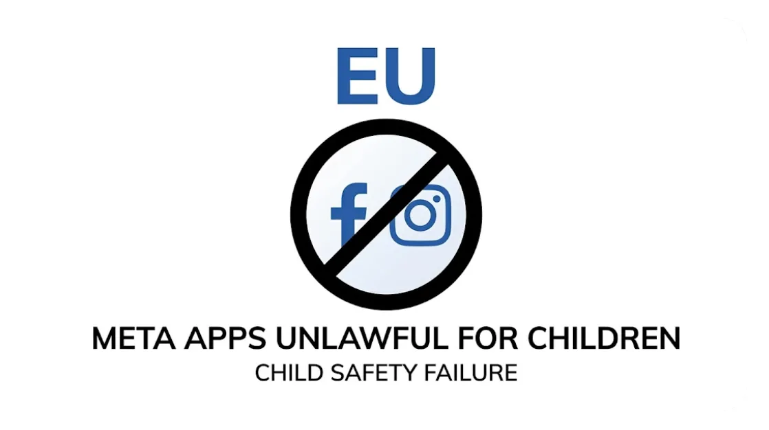 Grafik der illustrerer EU-kritik af Metas manglende børnesikkerhed på sociale medier.