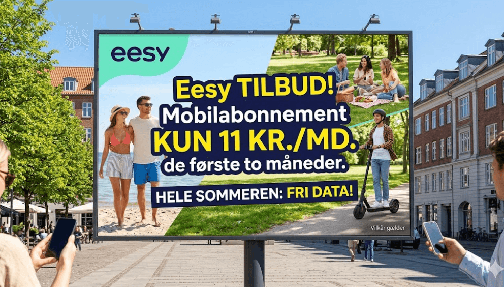 Eesy er klar med gode tilbud i forbindelse med, at TDC Net er kåret til det bedste mobilnet for 11. år i træk (Grafik: MereMobil.dk / AI)