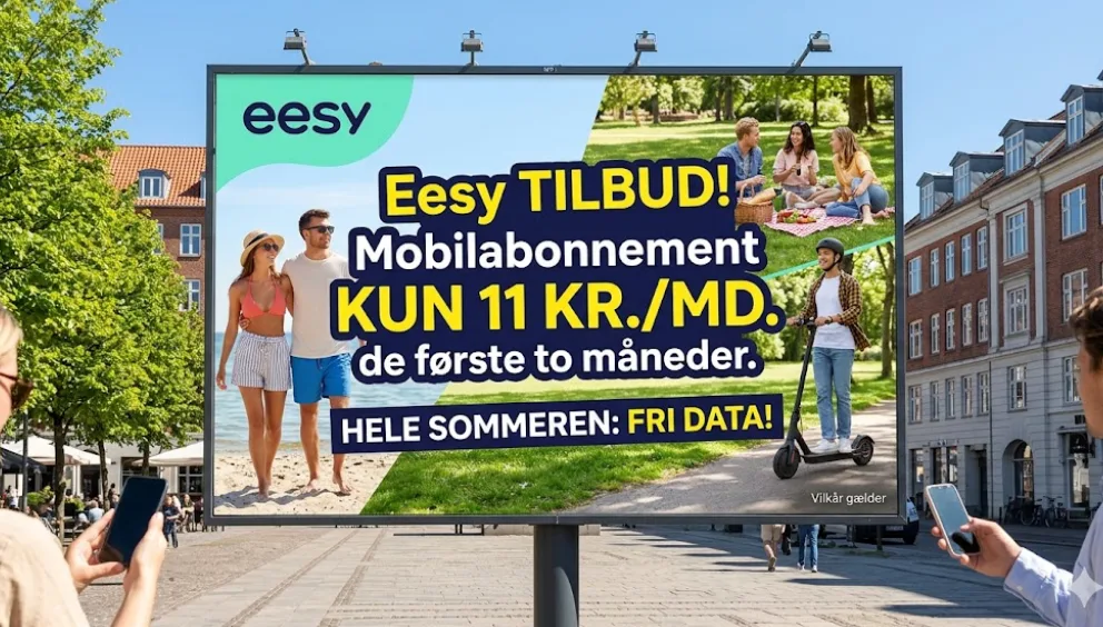 Eesy er klar med gode tilbud i forbindelse med, at TDC Net er kåret til det bedste mobilnet for 11. år i træk (Grafik: MereMobil.dk / AI)