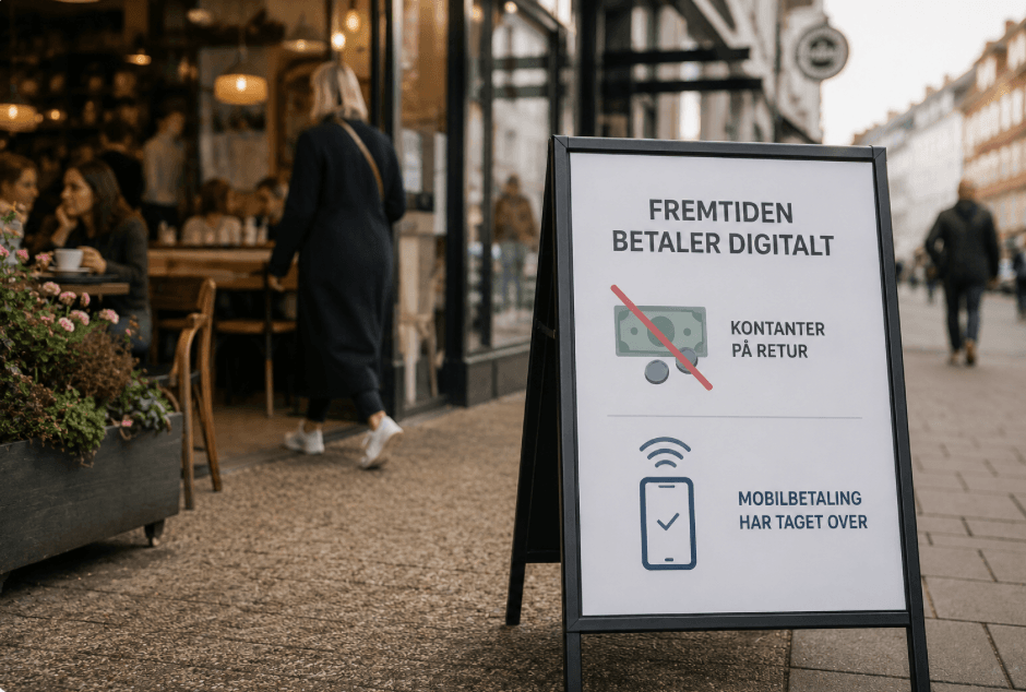 Mobilbetaling vinder frem, mens kontanterne bruges i mindre grad (Grafik: MereMobil.dk / AI)