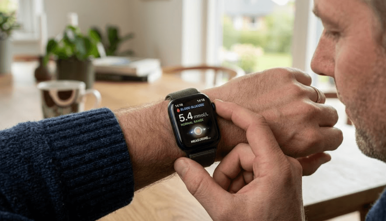 Blodsukkermåling på Apple Watch har der været talt om i mange år. Vi er der endnu ikke - men måske kommet et skridt nærmere? (Grafik: MereMobil.dk / AI)