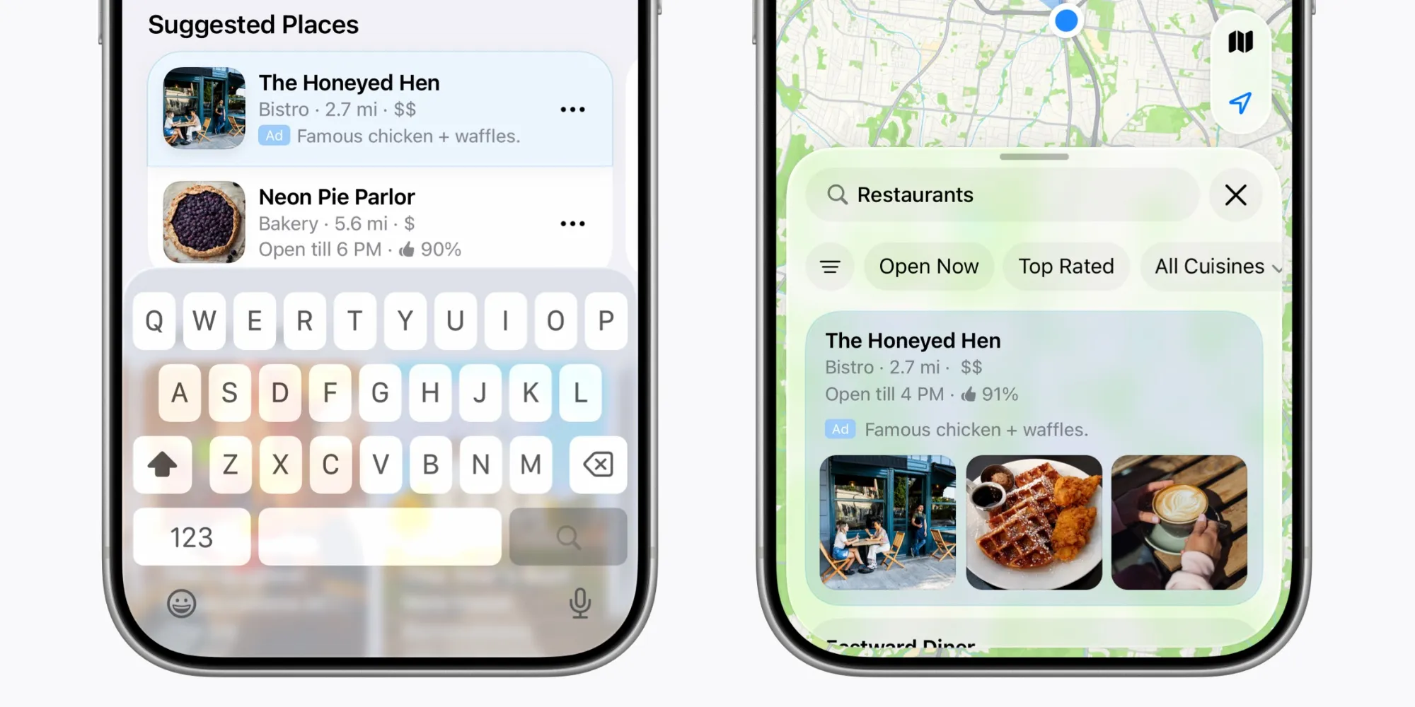 Annoncerne bliver fremhævet med en svag blå baggrund og tydeligt markeret med teksten ’Annonce/Ads’. Du kan se eksempler på udseendet herover (Kilde: 9to5mac)