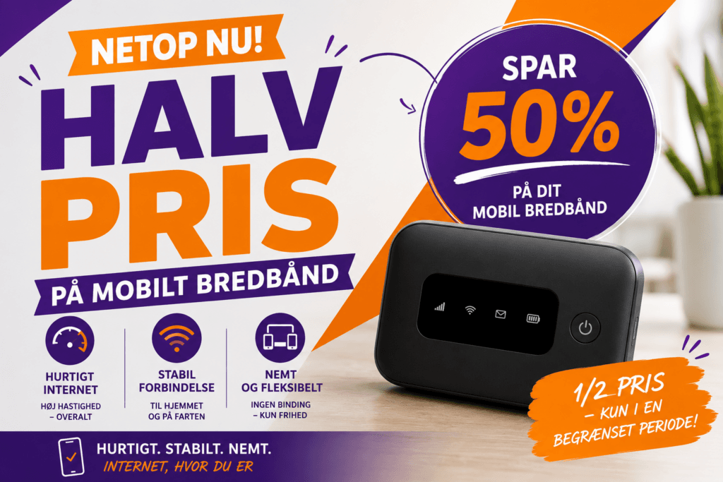 Oister og teleselskabet 3 har lige nu kampagne på mobilt bredbånd til halv pris (Grafik: MereMobil.dk / AI)