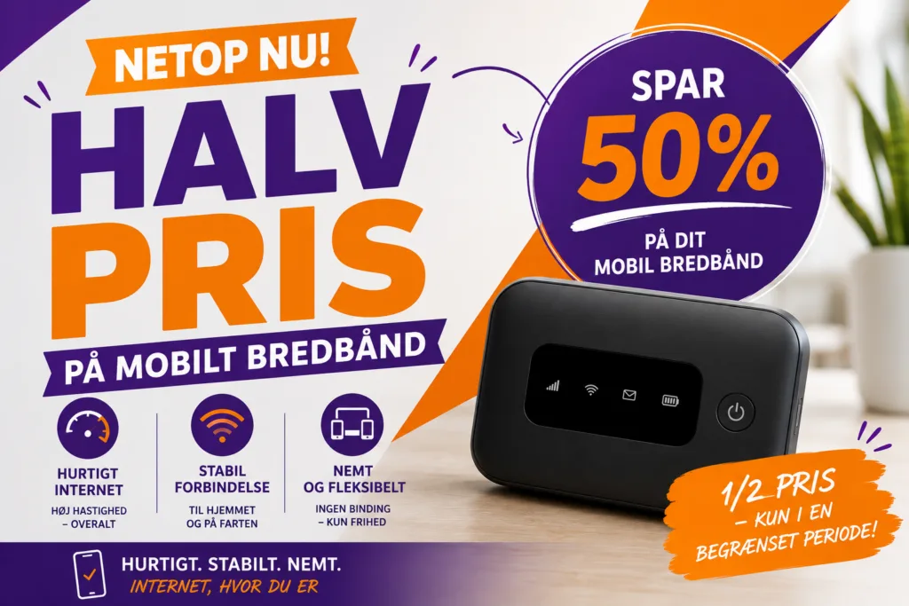 Oister og teleselskabet 3 har lige nu kampagne på mobilt bredbånd til halv pris (Grafik: MereMobil.dk / AI)
