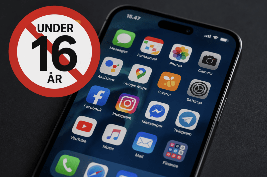 Briterne vil måske give forbud til sociale medier for unge under 16 år (Grafik: MereMobil.dk / AI)