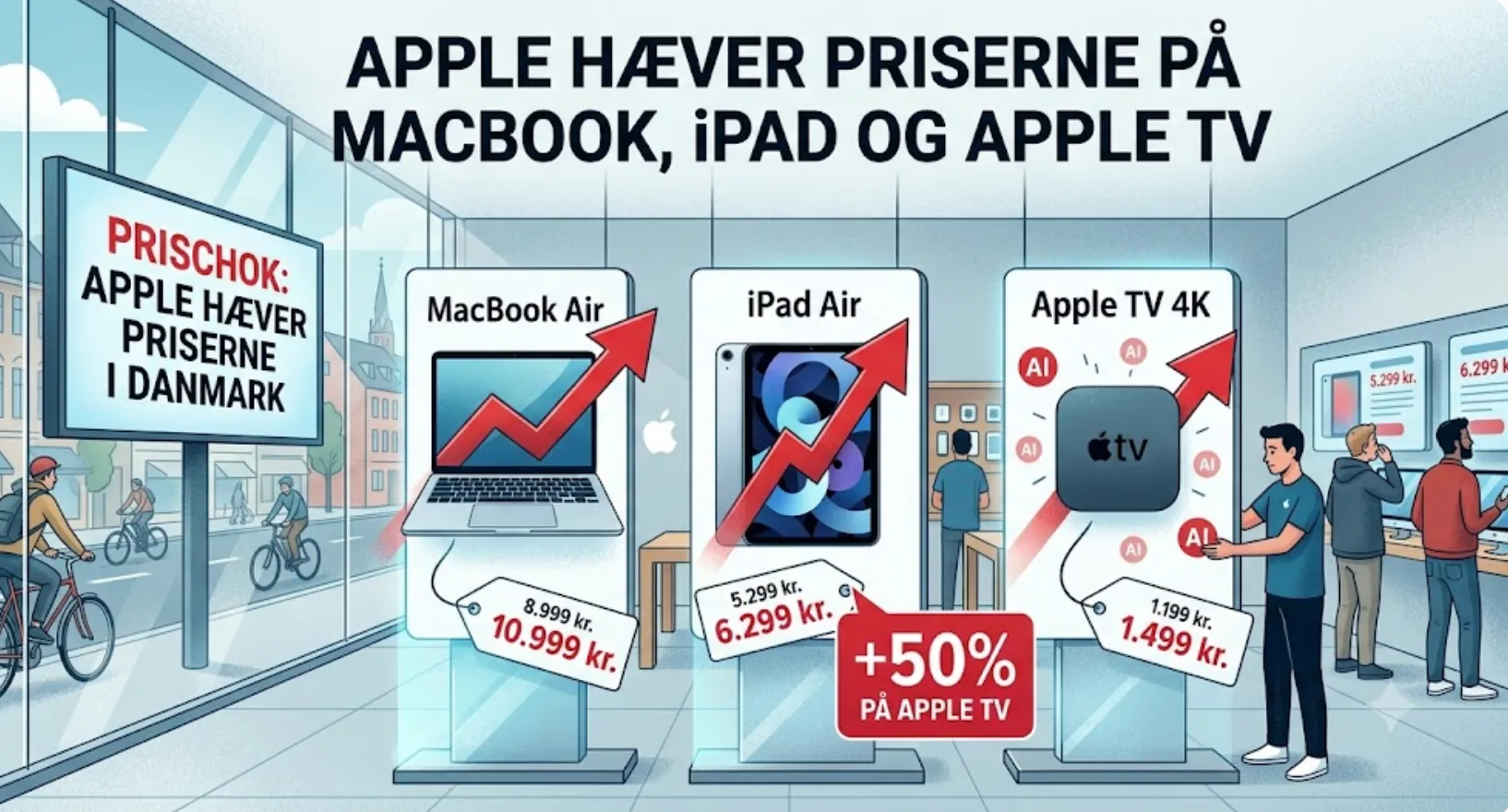 Apple hæver priserne markant på en række produkter (Grafik: MereMobil.dk / AI)
