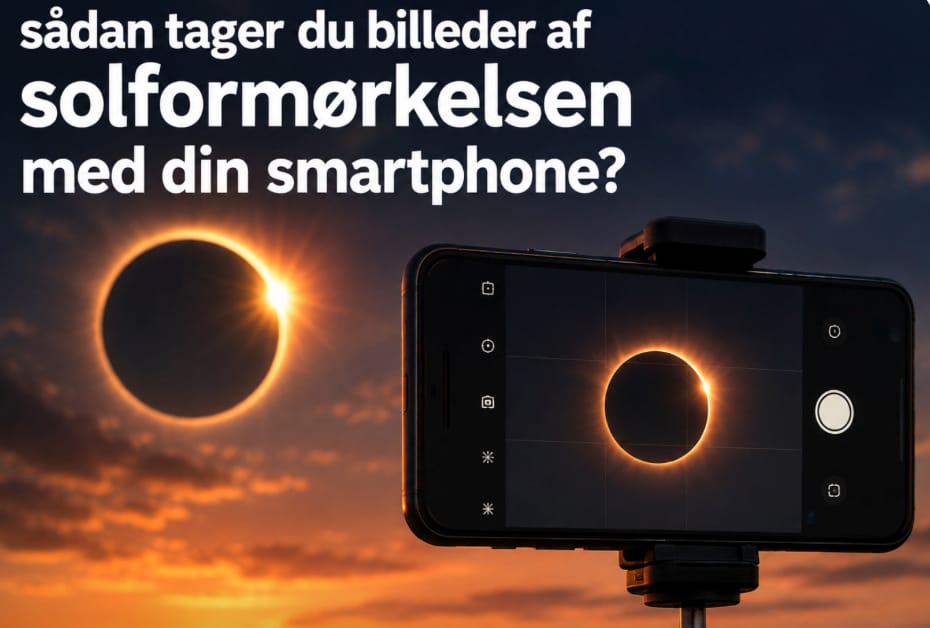 Solformørkelse over Danmark - sådan tager du billede med din smartphone (Grafik: MereMobil.dk / AI)