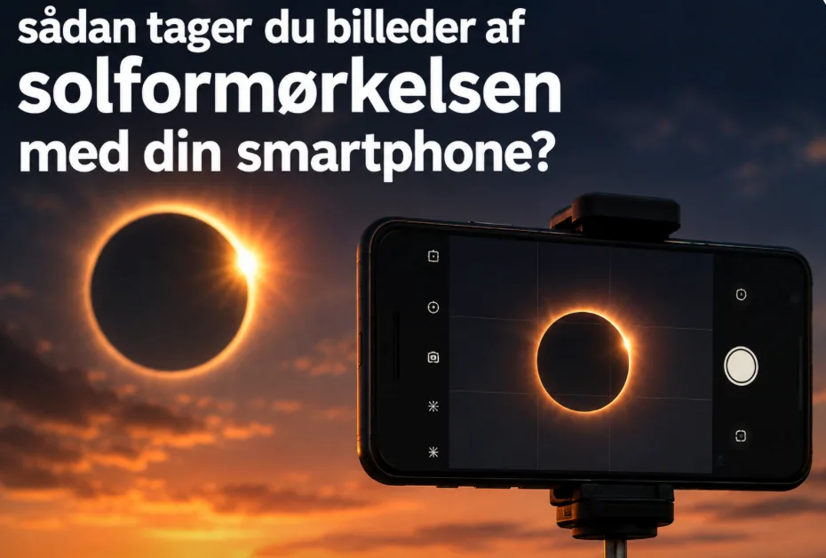 Solformørkelse over Danmark - sådan tager du billede med din smartphone (Grafik: MereMobil.dk / AI)