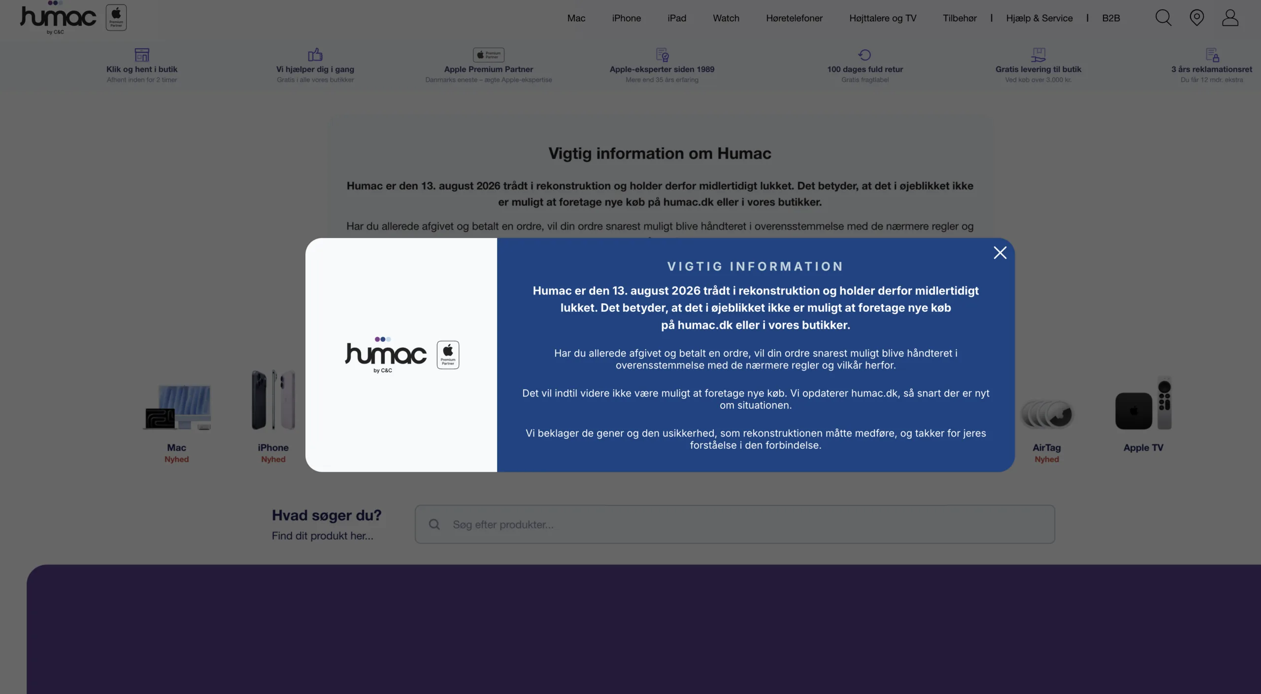 Humac-kæden er trådt i rekonstruktion og alle butikker og webshop er midlertidigt lukket (Foto: MereMobil.dk)