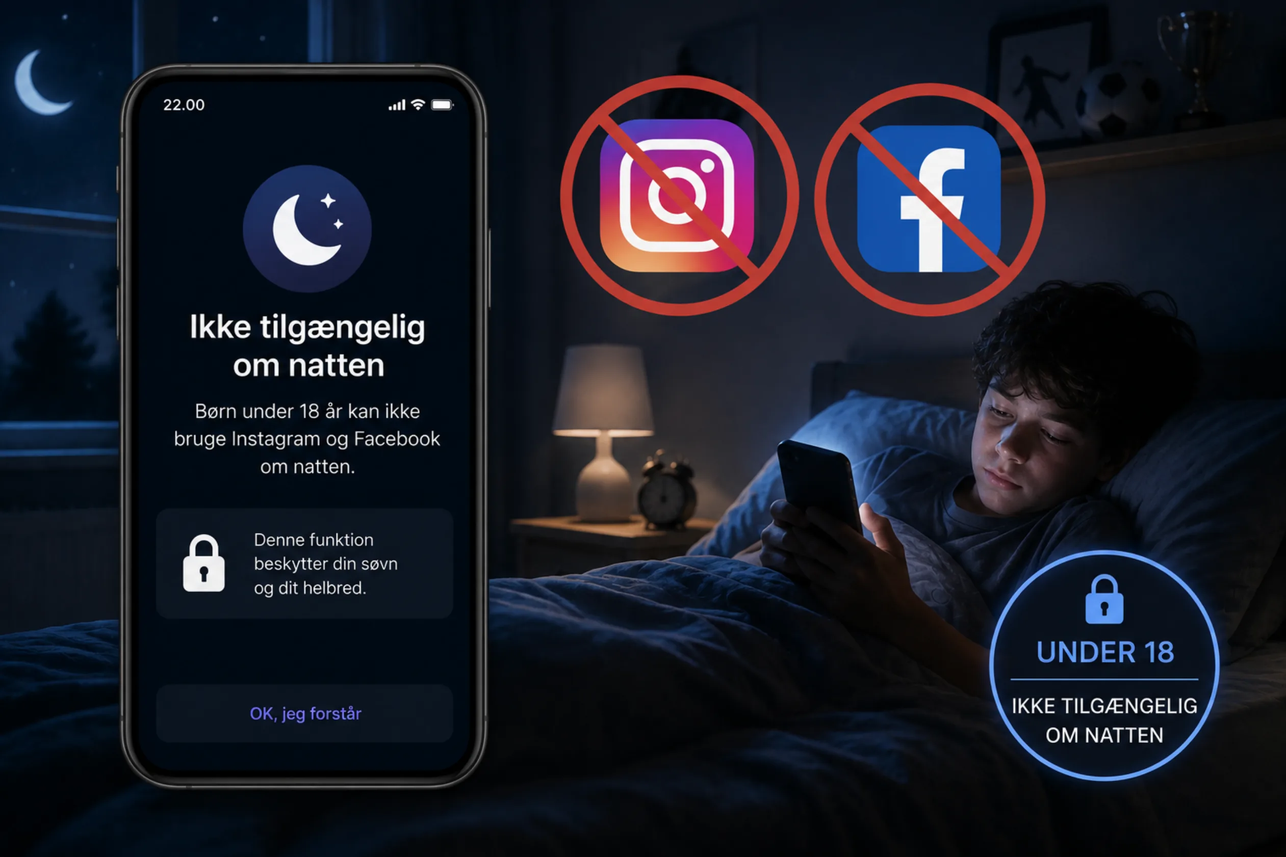 Meta har indgået et forlig om, at teenagere ikke skal kunne bruge Instagram og Facebook i nattetimerne i USA (Grafik: MereMobil.dk / AI)