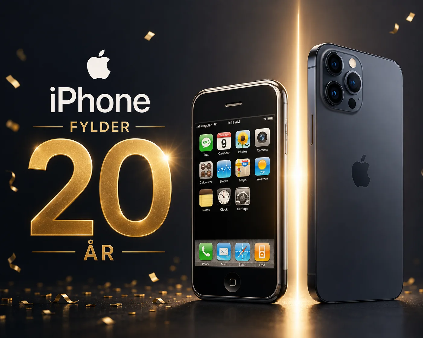Næste år er det 20 år siden, at den første iPhone kom på markedet - derfor florerer rygterne om en jubilæumsmodel præcis som iPhone X var i 2017 (Grafik: MereMobil.dk / AI)
