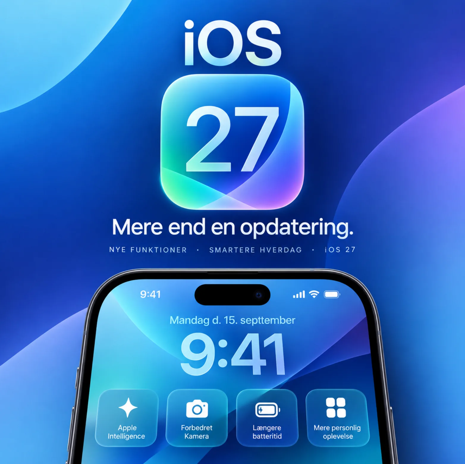 iOS 27 er på vej ud til offentligheden den 14. september 2026 (Grafik: MereMobil.dk / AI)