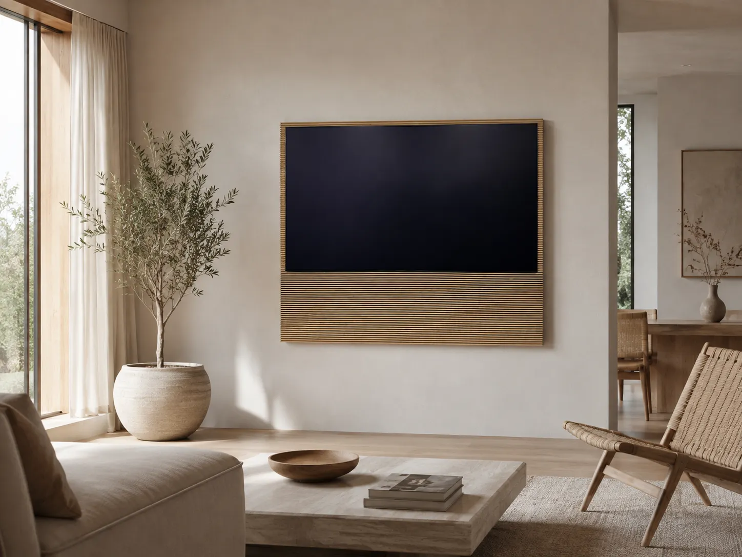 HiFi S99H kombinerer Canvas HiFis prisvindende lydteknologi med Samsungs nye S99H-flagskibs-OLED-TV og Canvas’ karakteristiske fronter med klassiske trælameller. (Foto: Samsung)