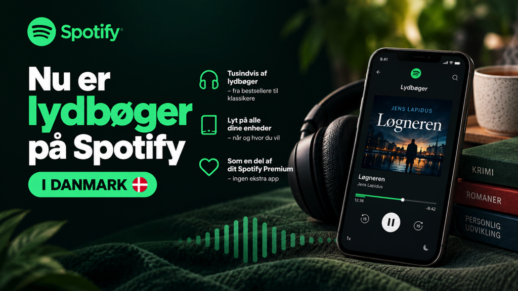 Spotify åbner for lydbøger i Danmark (Grafik: MereMobil.dk / AI)
